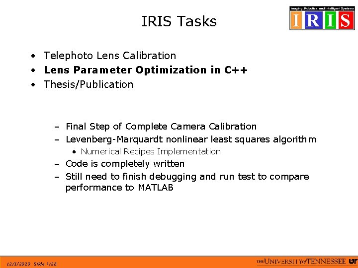 IRIS Tasks • Telephoto Lens Calibration • Lens Parameter Optimization in C++ • Thesis/Publication