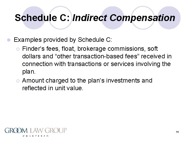 Schedule C: Indirect Compensation l Examples provided by Schedule C: ¡ Finder’s fees, float,