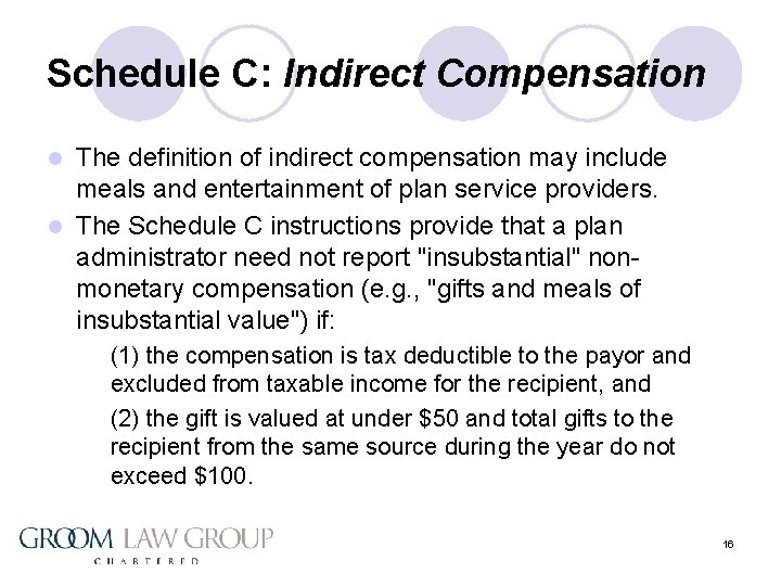 Schedule C: Indirect Compensation The definition of indirect compensation may include meals and entertainment