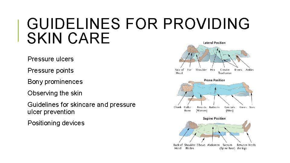 GUIDELINES FOR PROVIDING SKIN CARE Pressure ulcers Pressure points Bony prominences Observing the skin