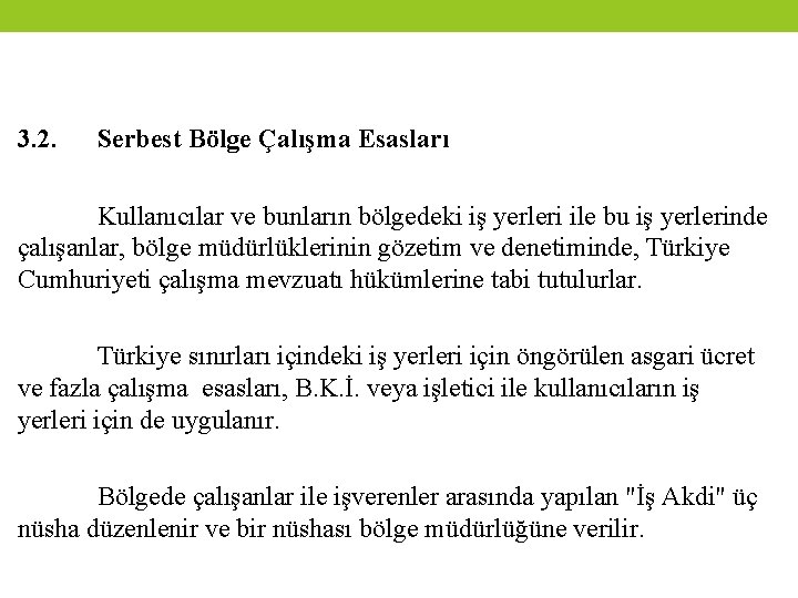 3. 2. Serbest Bölge Çalışma Esasları Kullanıcılar ve bunların bölgedeki iş yerleri ile bu