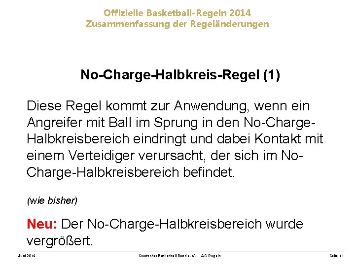 Offizielle Basketball-Regeln 2014 Zusammenfassung der Regeländerungen No-Charge-Halbkreis-Regel (1) Diese Regel kommt zur Anwendung, wenn