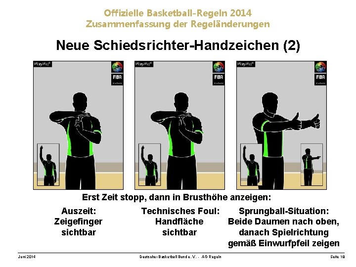 Offizielle Basketball-Regeln 2014 Zusammenfassung der Regeländerungen Neue Schiedsrichter-Handzeichen (2) Erst Zeit stopp, dann in