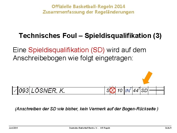 Offizielle Basketball-Regeln 2014 Zusammenfassung der Regeländerungen Technisches Foul – Spieldisqualifikation (3) Eine Spieldisqualifikation (SD)