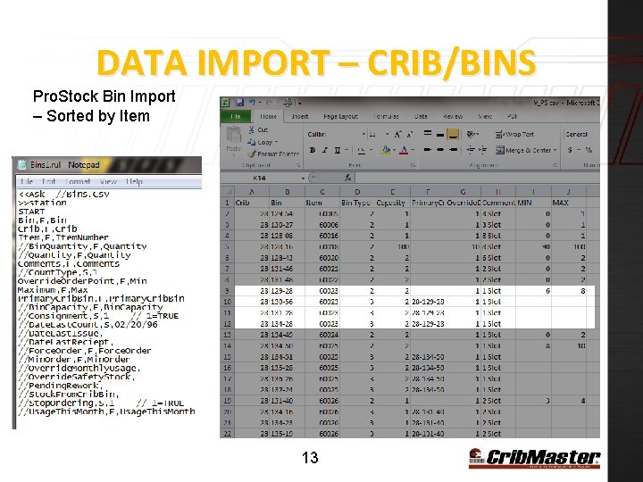 DATA IMPORT – CRIB/BINS Pro. Stock Bin Import – Sorted by Item 13 