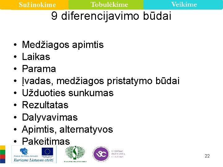 Sužinokime 9 diferencijavimo būdai • • • Medžiagos apimtis Laikas Parama Įvadas, medžiagos pristatymo