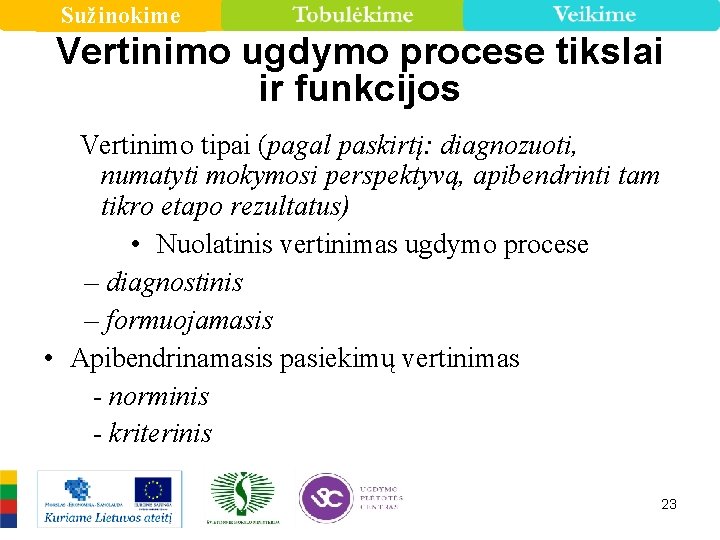 Sužinokime Vertinimo ugdymo procese tikslai ir funkcijos Vertinimo tipai (pagal paskirtį: diagnozuoti, numatyti mokymosi