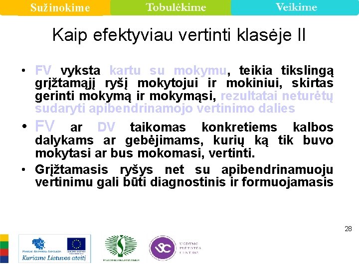 Sužinokime Kaip efektyviau vertinti klasėje II • FV vyksta kartu su mokymu, teikia tikslingą