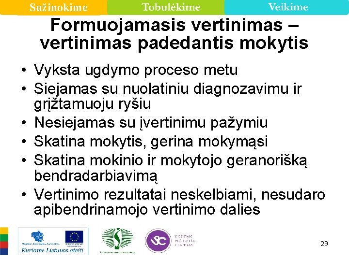 Sužinokime Formuojamasis vertinimas – vertinimas padedantis mokytis • Vyksta ugdymo proceso metu • Siejamas