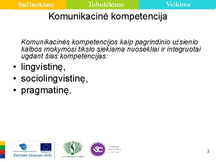 Sužinokime Komunikacinė kompetencija Komunikacinės kompetencijos kaip pagrindinio užsienio kalbos mokymosi tikslo siekiama nuosekliai ir