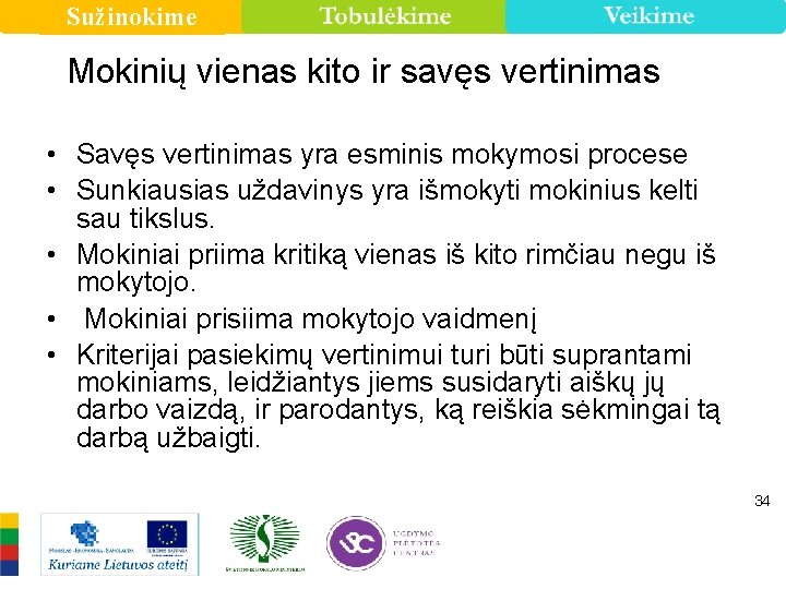 Sužinokime Mokinių vienas kito ir savęs vertinimas • Savęs vertinimas yra esminis mokymosi procese