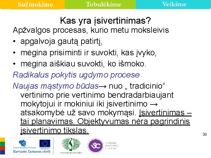 Sužinokime Kas yra įsivertinimas? Apžvalgos procesas, kurio metu moksleivis • apgalvoja gautą patirtį, •