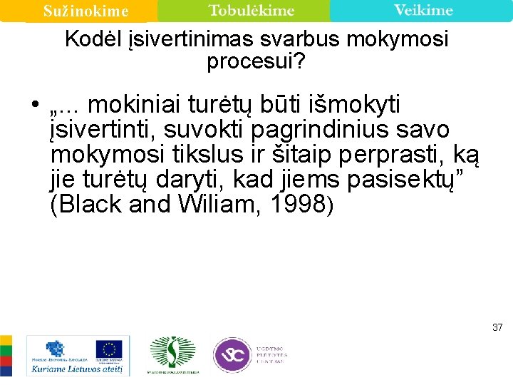 Sužinokime Kodėl įsivertinimas svarbus mokymosi procesui? • „. . . mokiniai turėtų būti išmokyti