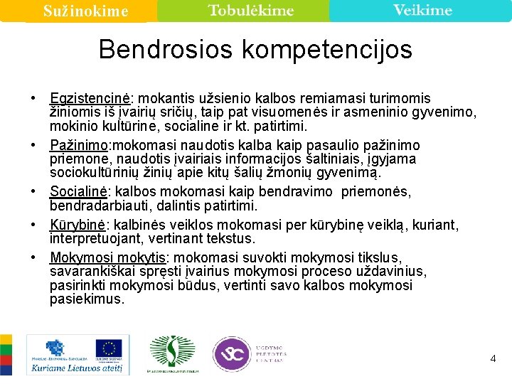 Sužinokime Bendrosios kompetencijos • Egzistencinė: mokantis užsienio kalbos remiamasi turimomis žiniomis iš įvairių sričių,