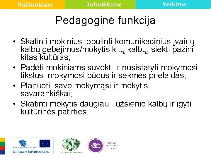 Sužinokime Pedagoginė funkcija • Skatinti mokinius tobulinti komunikacinius įvairių kalbų gebėjimus/mokytis kitų kalbų, siekti