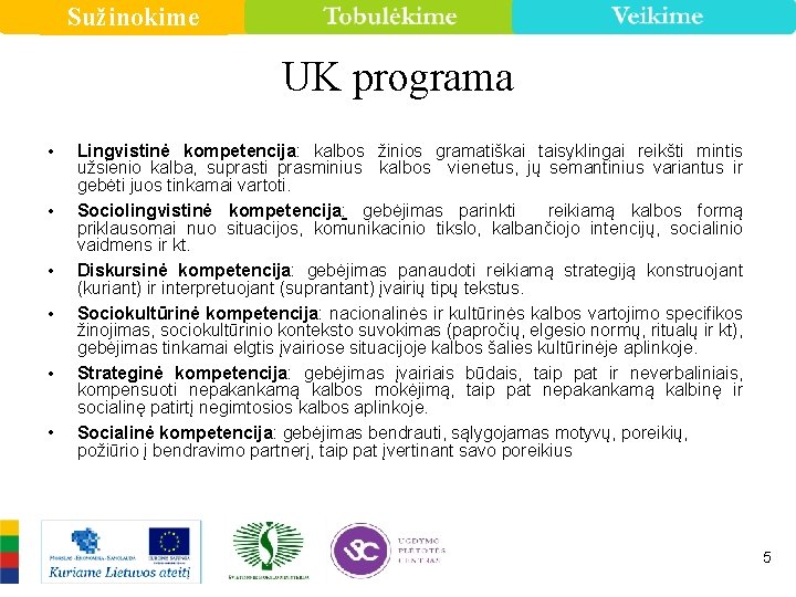 Sužinokime UK programa • • • Lingvistinė kompetencija: kalbos žinios gramatiškai taisyklingai reikšti mintis