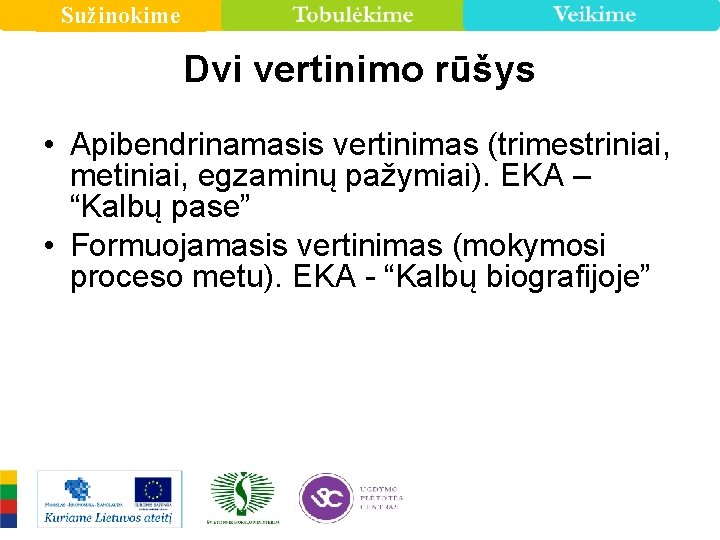 Sužinokime Dvi vertinimo rūšys • Apibendrinamasis vertinimas (trimestriniai, metiniai, egzaminų pažymiai). EKA – “Kalbų