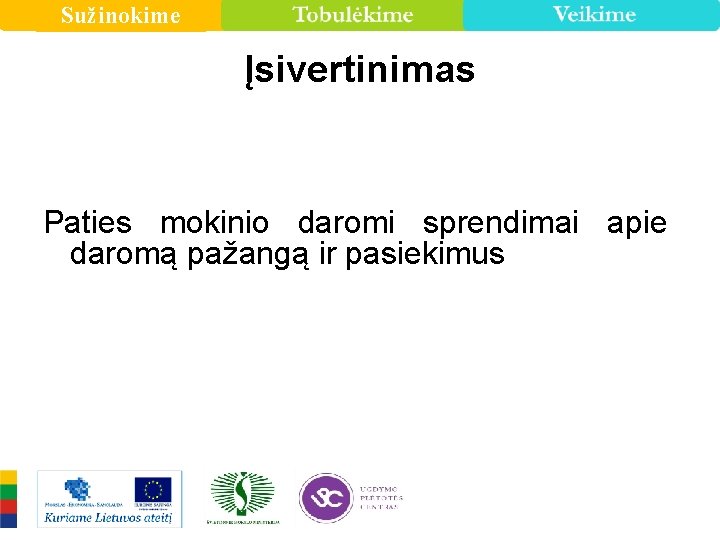 Sužinokime Įsivertinimas Paties mokinio daromi sprendimai apie daromą pažangą ir pasiekimus 