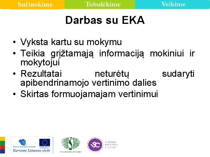 Sužinokime Darbas su EKA • Vyksta kartu su mokymu • Teikia grįžtamąją informaciją mokiniui