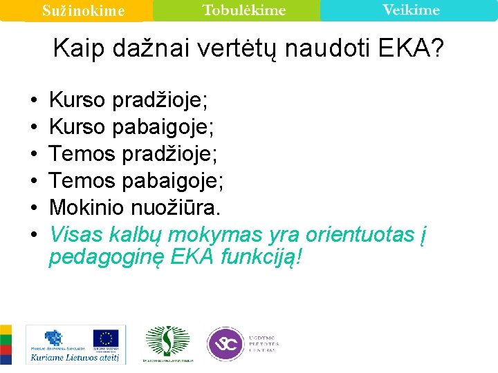 Sužinokime Kaip dažnai vertėtų naudoti EKA? • • • Kurso pradžioje; Kurso pabaigoje; Temos