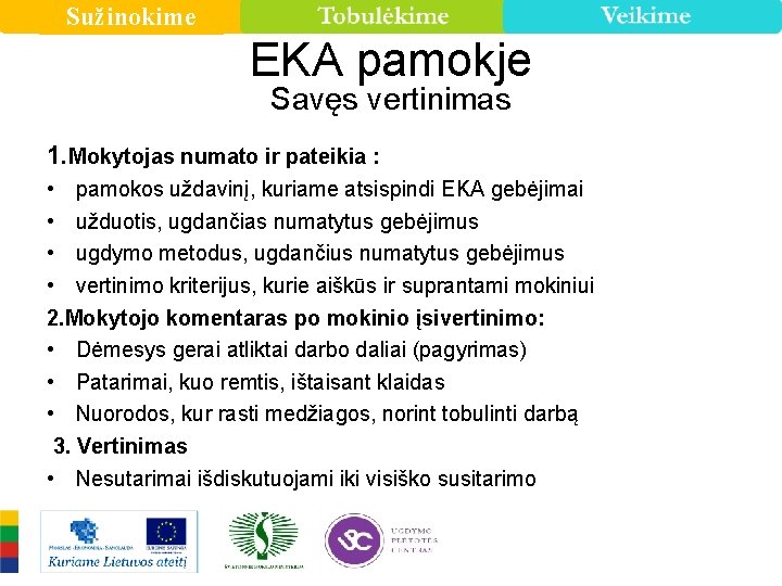 Sužinokime EKA pamokje Savęs vertinimas 1. Mokytojas numato ir pateikia : • pamokos uždavinį,