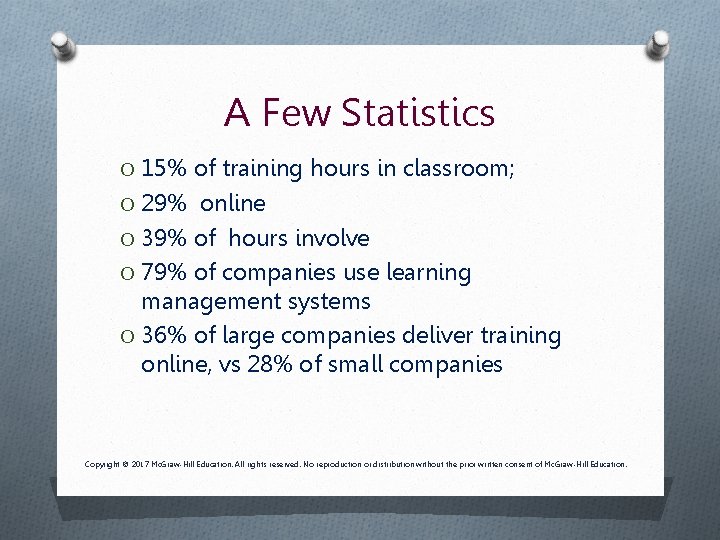 A Few Statistics O 15% of training hours in classroom; O 29% online O