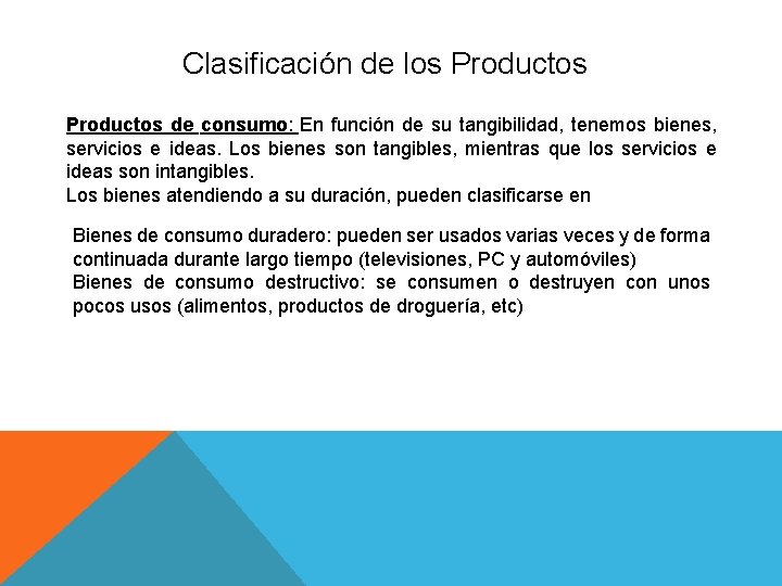 Clasificación de los Productos de consumo: En función de su tangibilidad, tenemos bienes, servicios