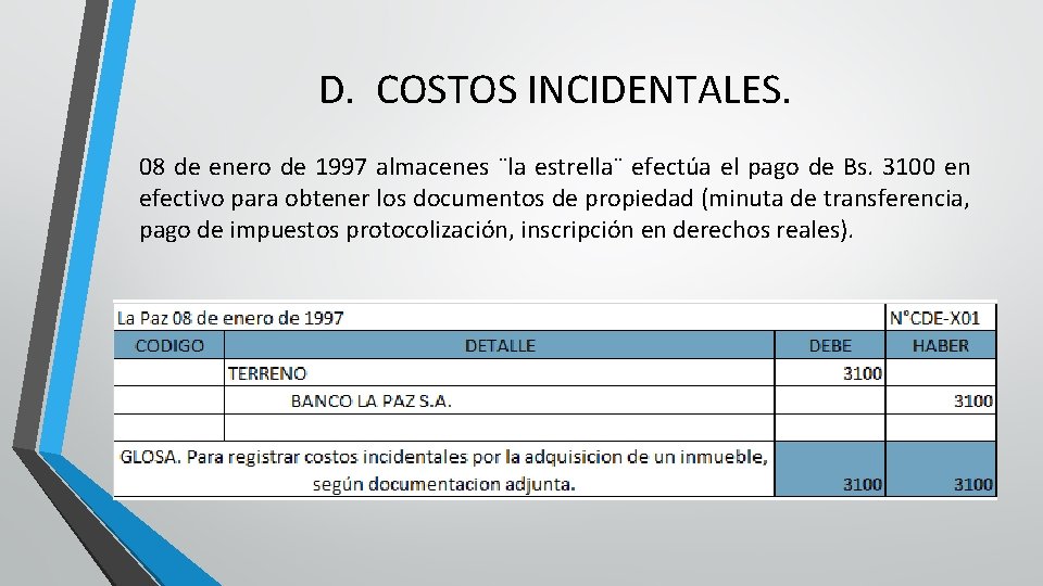 D. COSTOS INCIDENTALES. 08 de enero de 1997 almacenes ¨la estrella¨ efectúa el pago