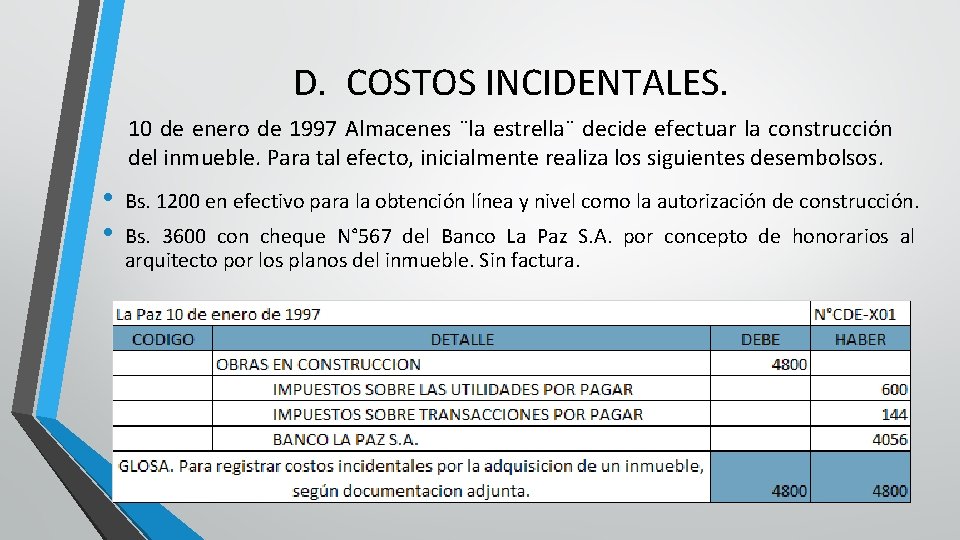 D. COSTOS INCIDENTALES. 10 de enero de 1997 Almacenes ¨la estrella¨ decide efectuar la