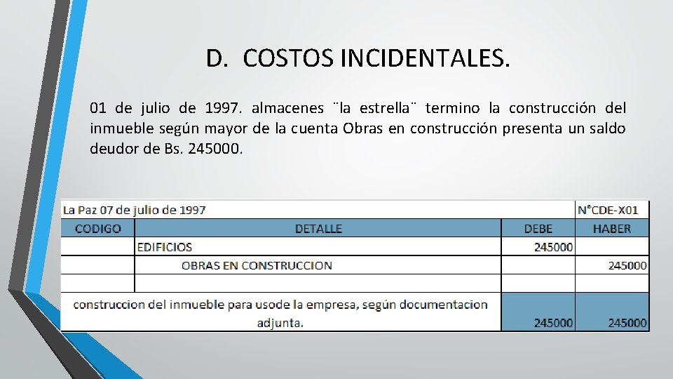 D. COSTOS INCIDENTALES. 01 de julio de 1997. almacenes ¨la estrella¨ termino la construcción
