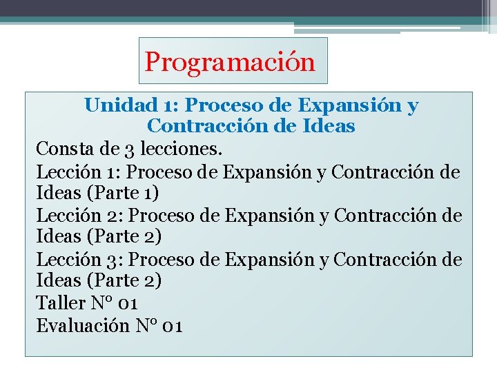 Programación Unidad 1: Proceso de Expansión y Contracción de Ideas Consta de 3 lecciones.