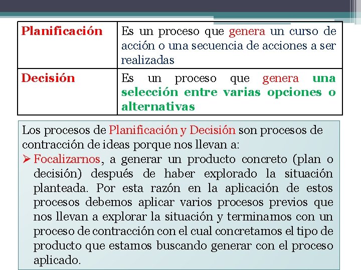 Planificación Decisión Es un proceso que genera un curso de acción o una secuencia