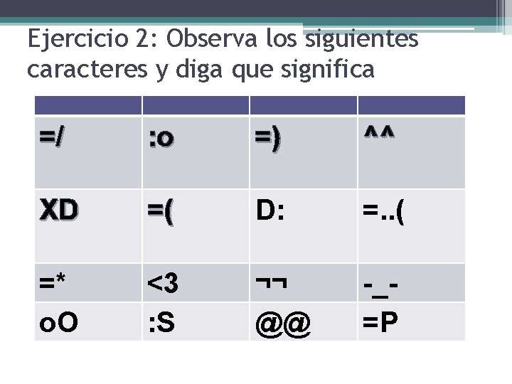 Ejercicio 2: Observa los siguientes caracteres y diga que significa =/ : o =)