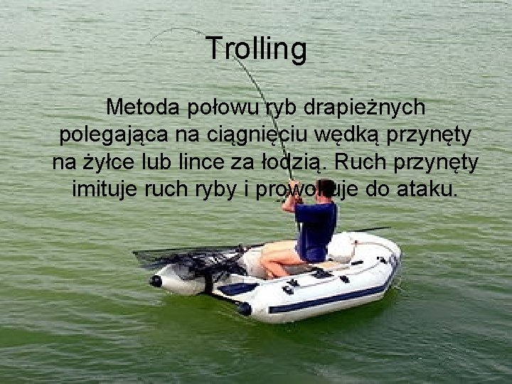 Trolling Metoda połowu ryb drapieżnych polegająca na ciągnięciu wędką przynęty na żyłce lub lince