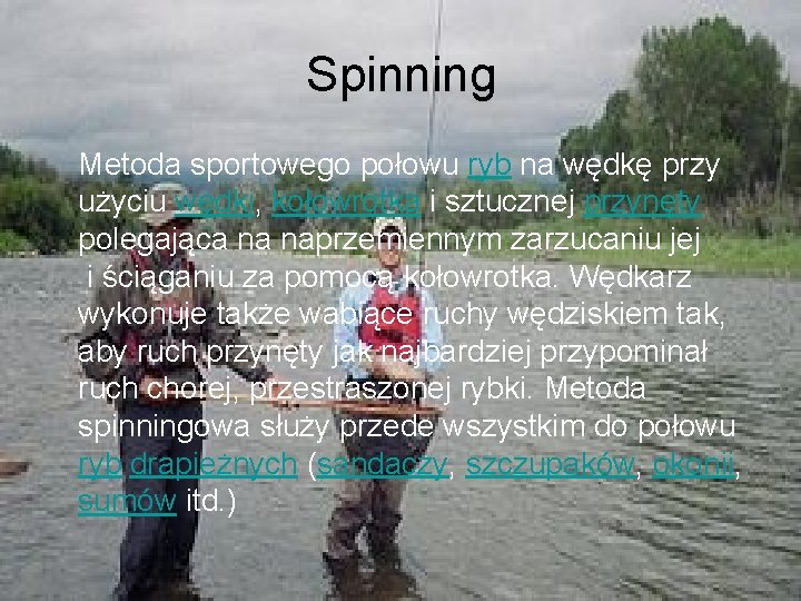 Spinning Metoda sportowego połowu ryb na wędkę przy użyciu wędki, kołowrotka i sztucznej przynęty