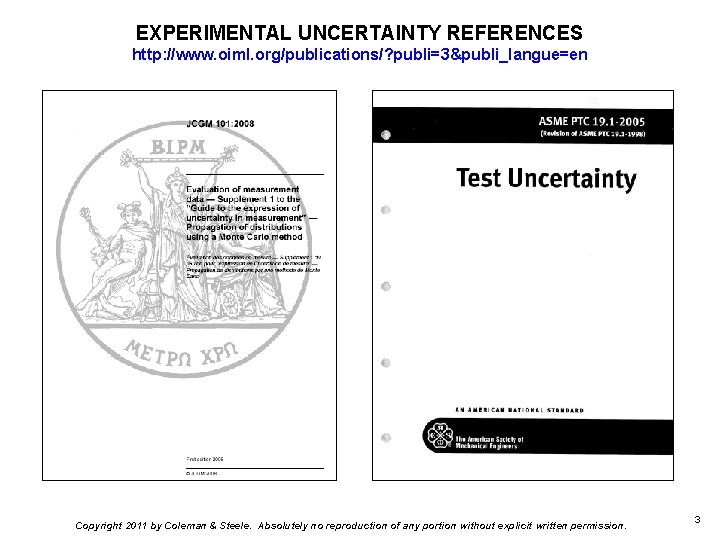 EXPERIMENTAL UNCERTAINTY REFERENCES http: //www. oiml. org/publications/? publi=3&publi_langue=en Copyright 2011 by Coleman & Steele.
