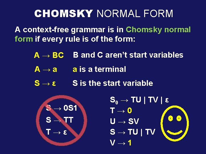 CHOMSKY NORMAL FORM A context-free grammar is in Chomsky normal form if every rule