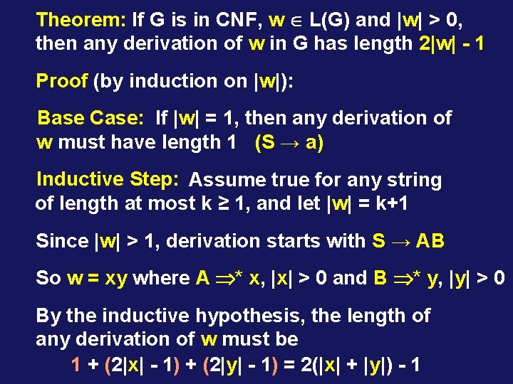 Theorem: If G is in CNF, w L(G) and |w| > 0, then any
