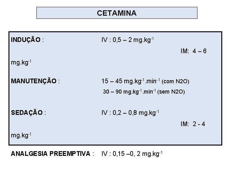 CETAMINA INDUÇÃO : IV : 0, 5 – 2 mg. kg-1 IM: 4 –