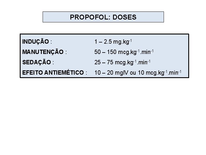 PROPOFOL: DOSES INDUÇÃO : 1 – 2. 5 mg. kg-1 MANUTENÇÃO : 50 –
