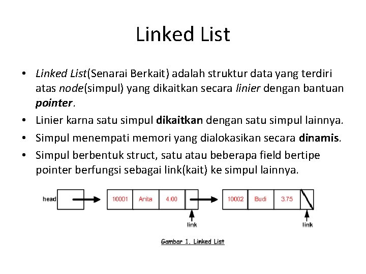 Linked List • Linked List(Senarai Berkait) adalah struktur data yang terdiri atas node(simpul) yang