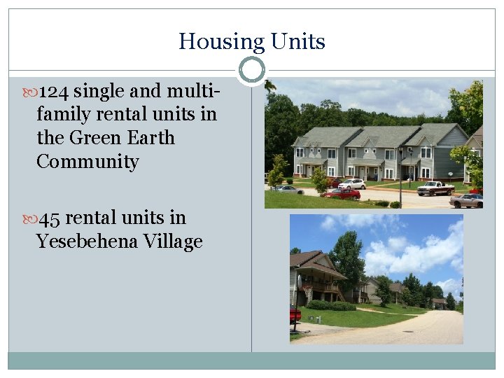 Housing Units 124 single and multi- family rental units in the Green Earth Community