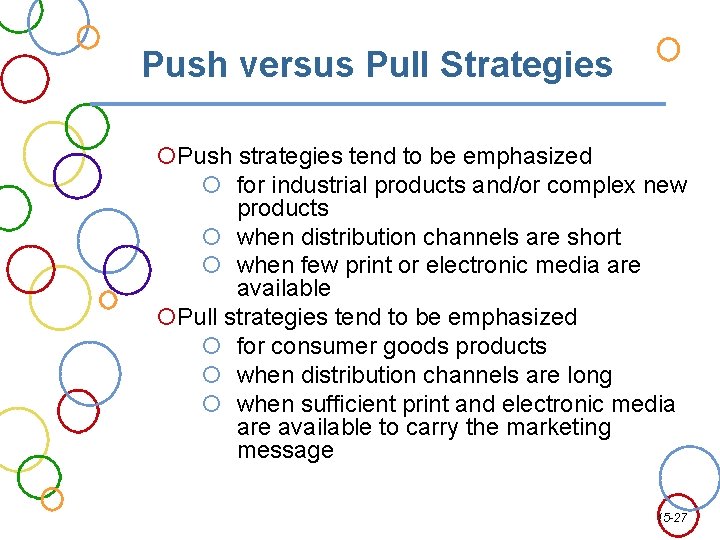 Push versus Pull Strategies Push strategies tend to be emphasized for industrial products and/or