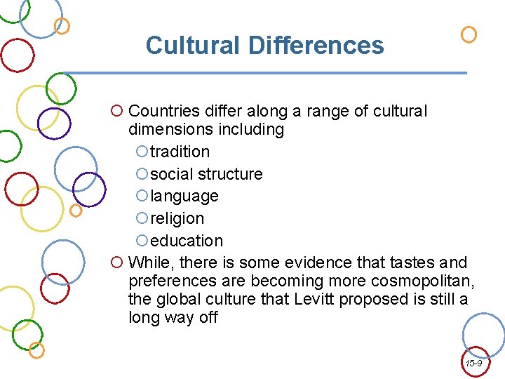 Cultural Differences Countries differ along a range of cultural dimensions including tradition social structure