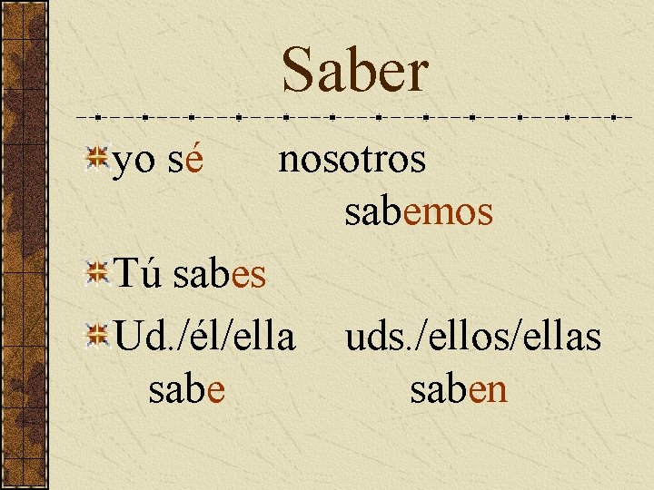 Saber yo sé nosotros sabemos Tú sabes Ud. /él/ella sabe uds. /ellos/ellas saben 