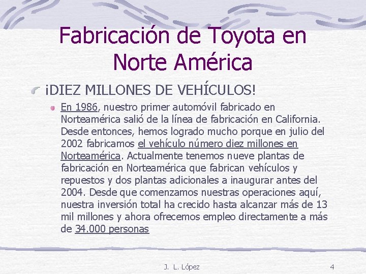 Fabricación de Toyota en Norte América ¡DIEZ MILLONES DE VEHÍCULOS! En 1986, nuestro primer