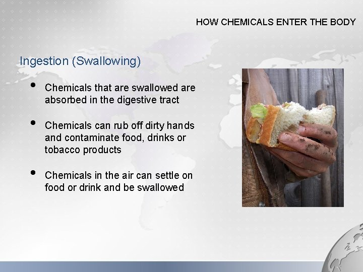 HOW CHEMICALS ENTER THE BODY Ingestion (Swallowing) • • • Chemicals that are swallowed