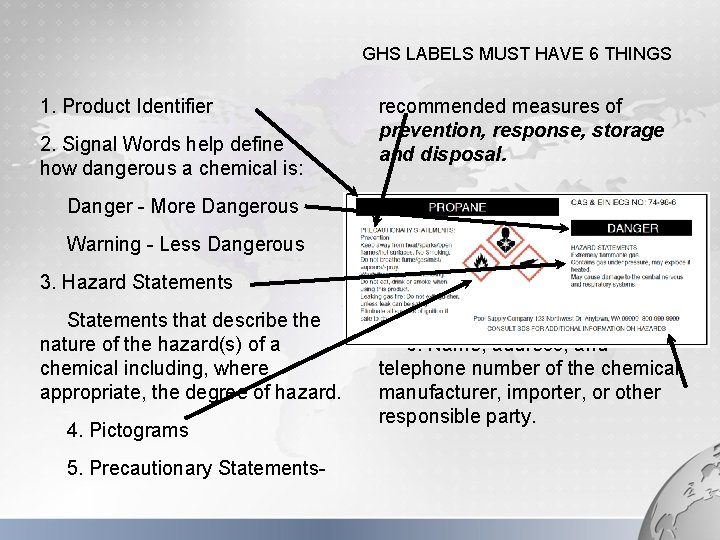 GHS LABELS MUST HAVE 6 THINGS 1. Product Identifier 2. Signal Words help define