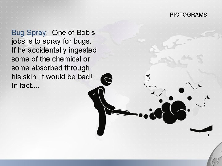 PICTOGRAMS Bug Spray: One of Bob’s jobs is to spray for bugs. If he