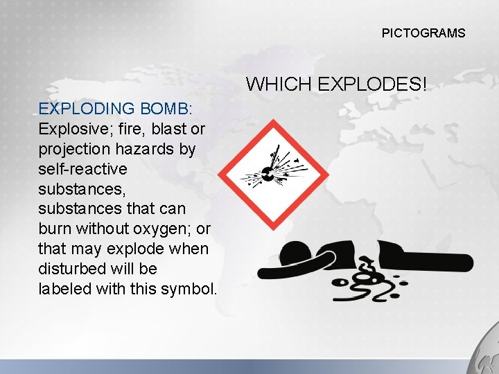 PICTOGRAMS WHICH EXPLODES! EXPLODING BOMB: Explosive; fire, blast or projection hazards by self-reactive substances,
